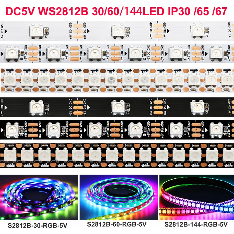 

WS2812B WS2813 SK6812Digital Flexible Individually Addressable Pixel Led Strip RGB LED Strip 30/60/144Pixel/Leds/M Tape Light 5V