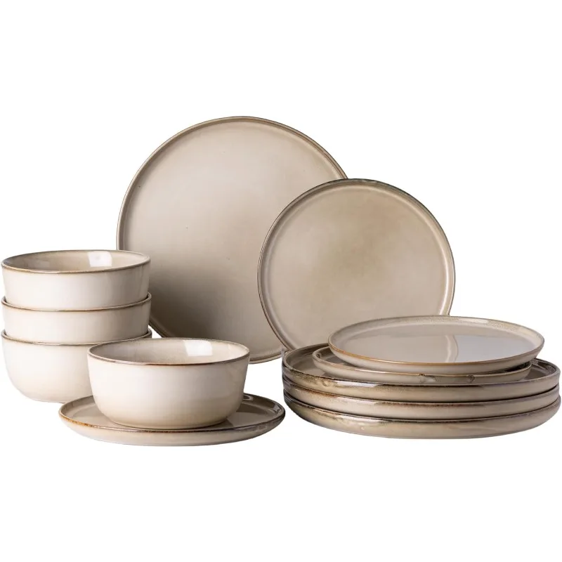 Ceramic Dinnerware Sets for 4, 12 Pieces Stoneware Plates and Bowls Sets, Chip and Scratch Resistant Dishes, Dishwasher &