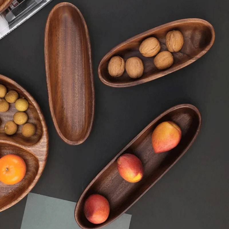 Walnut Double Fruit Tray Solid Wood Dried Fruit Holder Acacia Wood Melon Seed Box Household Storage Tray Functional Kitchen