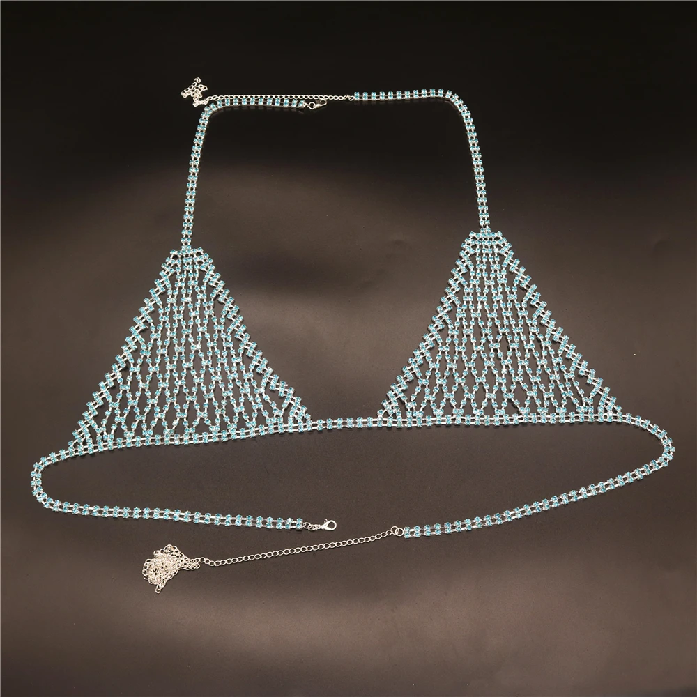 Boho Rhinestone Grid Chest Chain and Thong Jewellery Lingerie Panties Women's Harness Bra Sexy Mesh Bodies Accessories