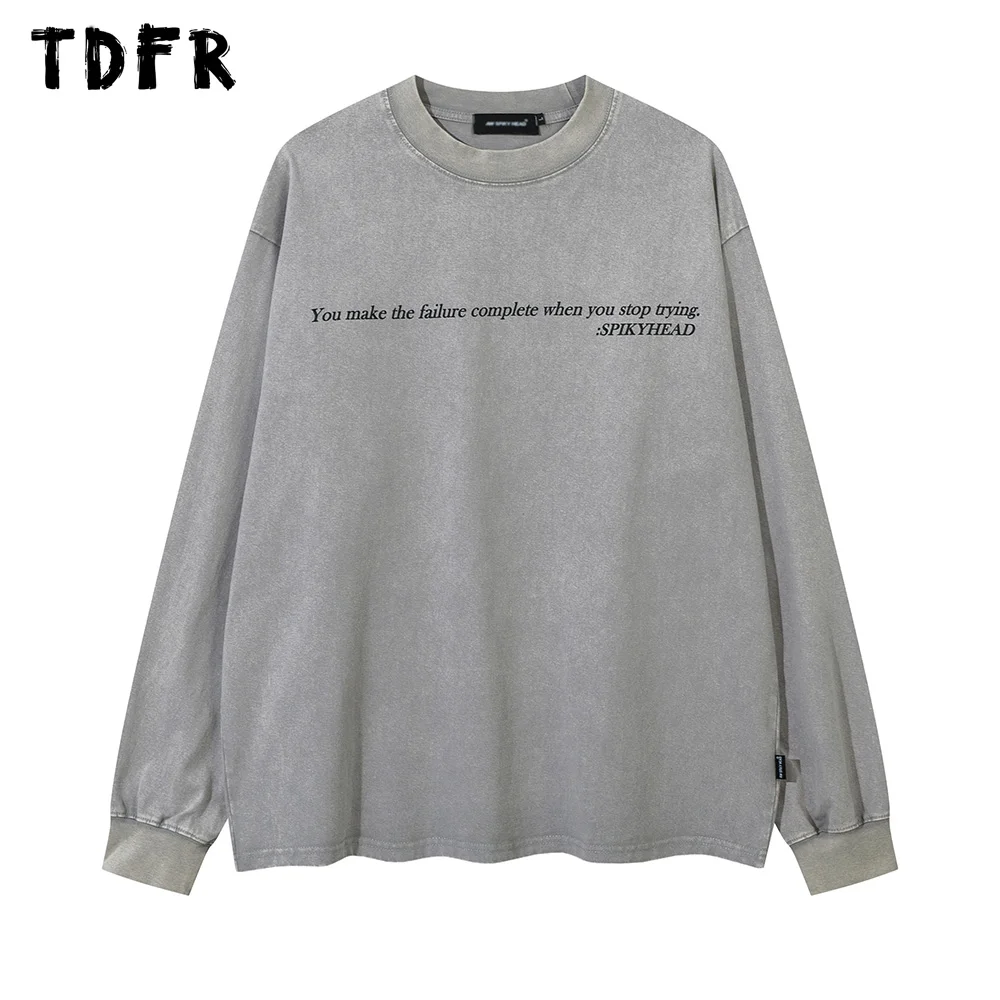 

Letter Print Long Sleeve T-shirt Mens Distressed Autumn Streetwear Crew Neck Loose Cotton Tee Men Tops