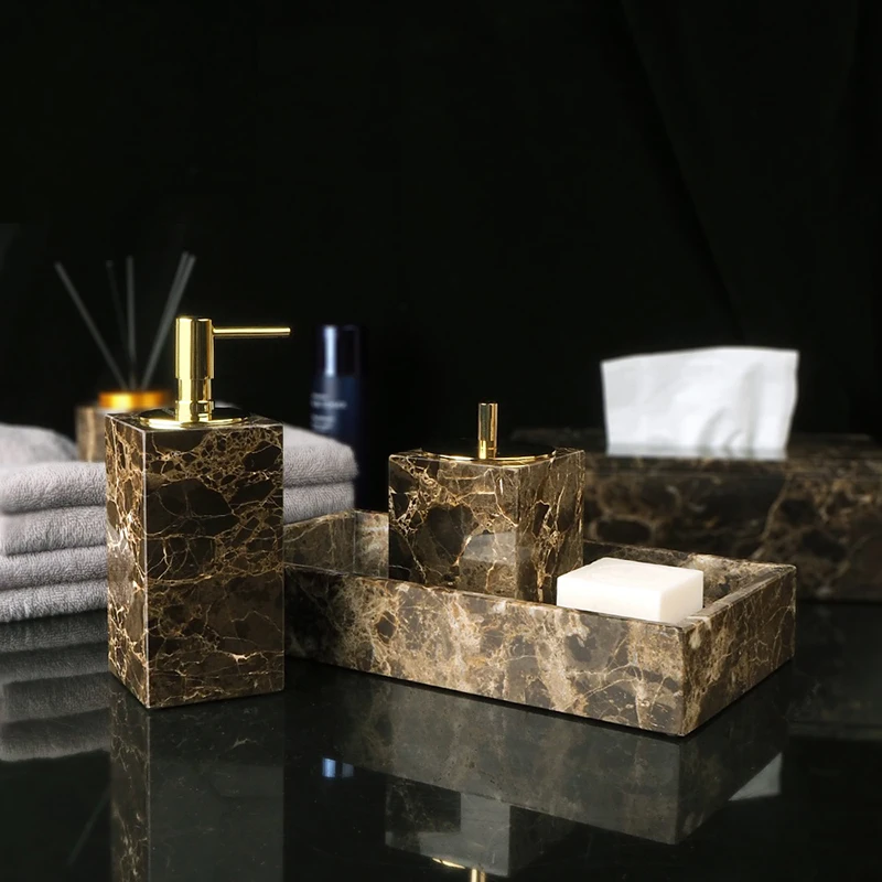 Emperador Dark Natural Marble Bathroom Accessories Sets Luxury Soap Dispenser Cotton Swabs Holder Toothbrush Holder Bathroom Set