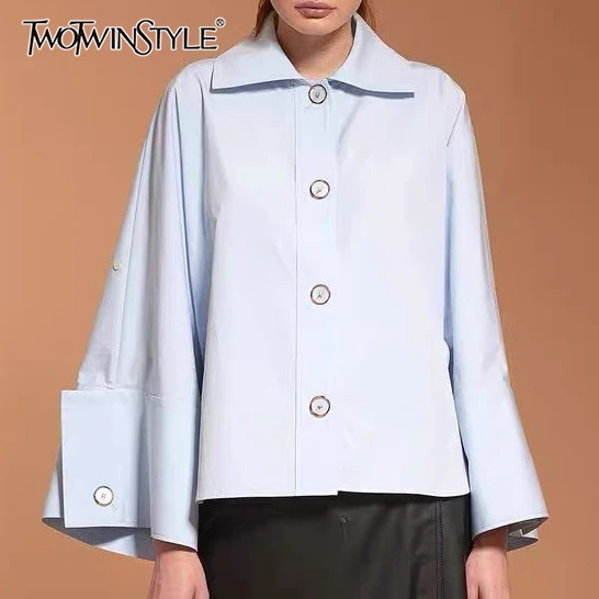 

TWOTWINSTYLE однотонные свободные блузки на пуговицах для женщин, минималистичные рубашки с длинными рукавами и лацканами, женский модный стиль