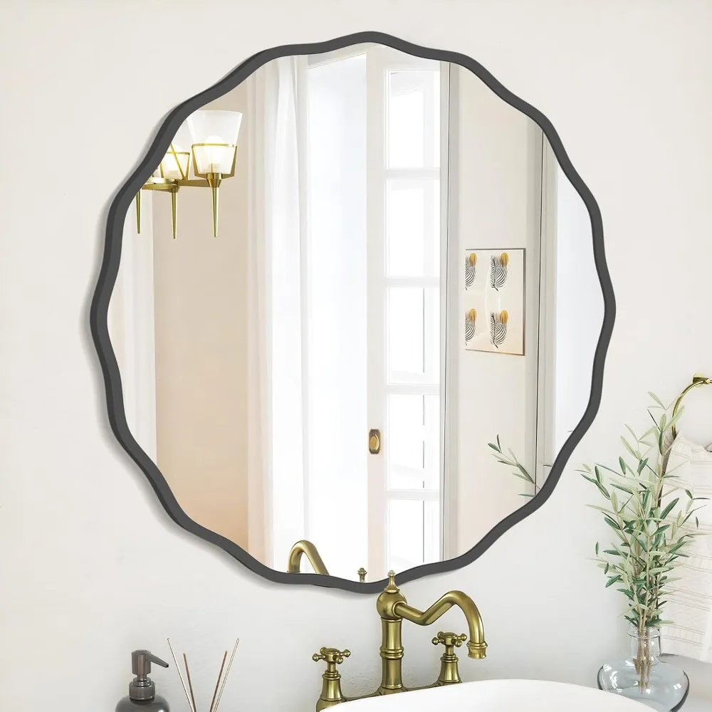 Round Wavy Mirror for Wall Decorative 20 inch Wood Frame Circle Wall Mirror for Bathroom Living Room Home House Office Entryway