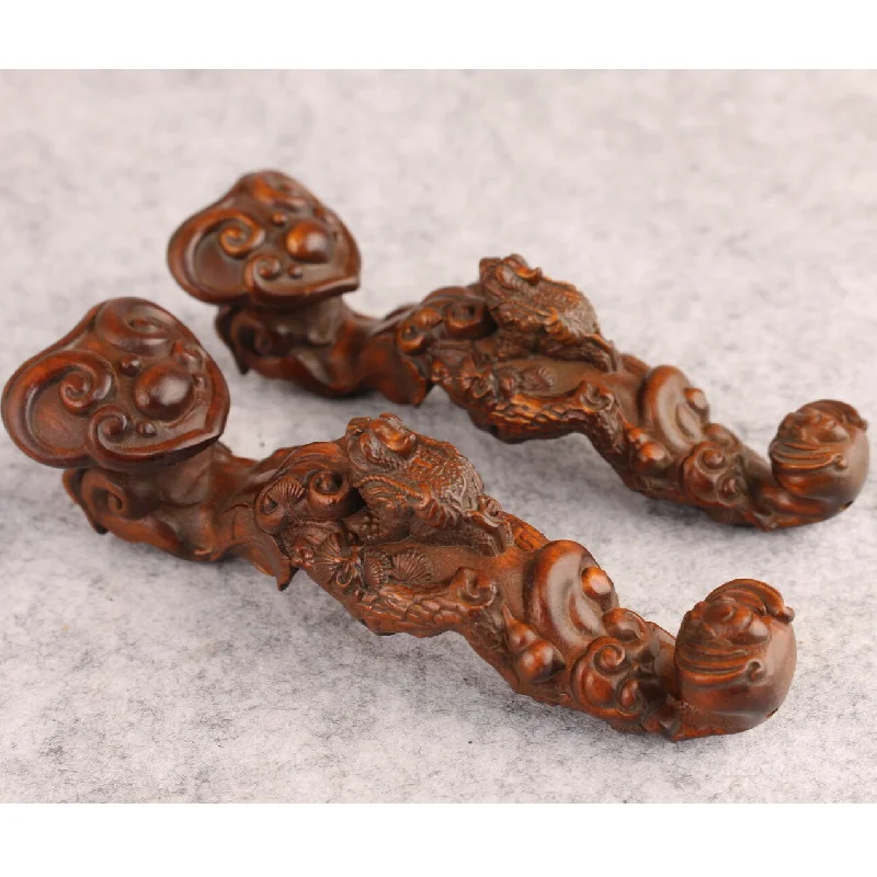 Pair boxwood art ruyi jinchan statue desk Decoration collectable