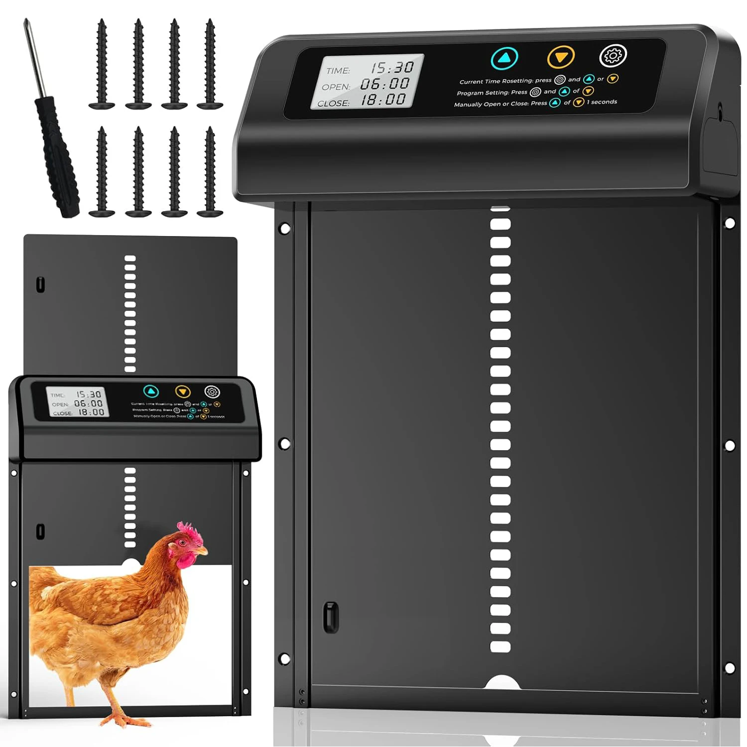 Automatische kippenhokdeur, automatische kippendeur van aluminiumlegering met anti-knijpontwerp, timer + LCD-display voor pluimveekhokken, ver