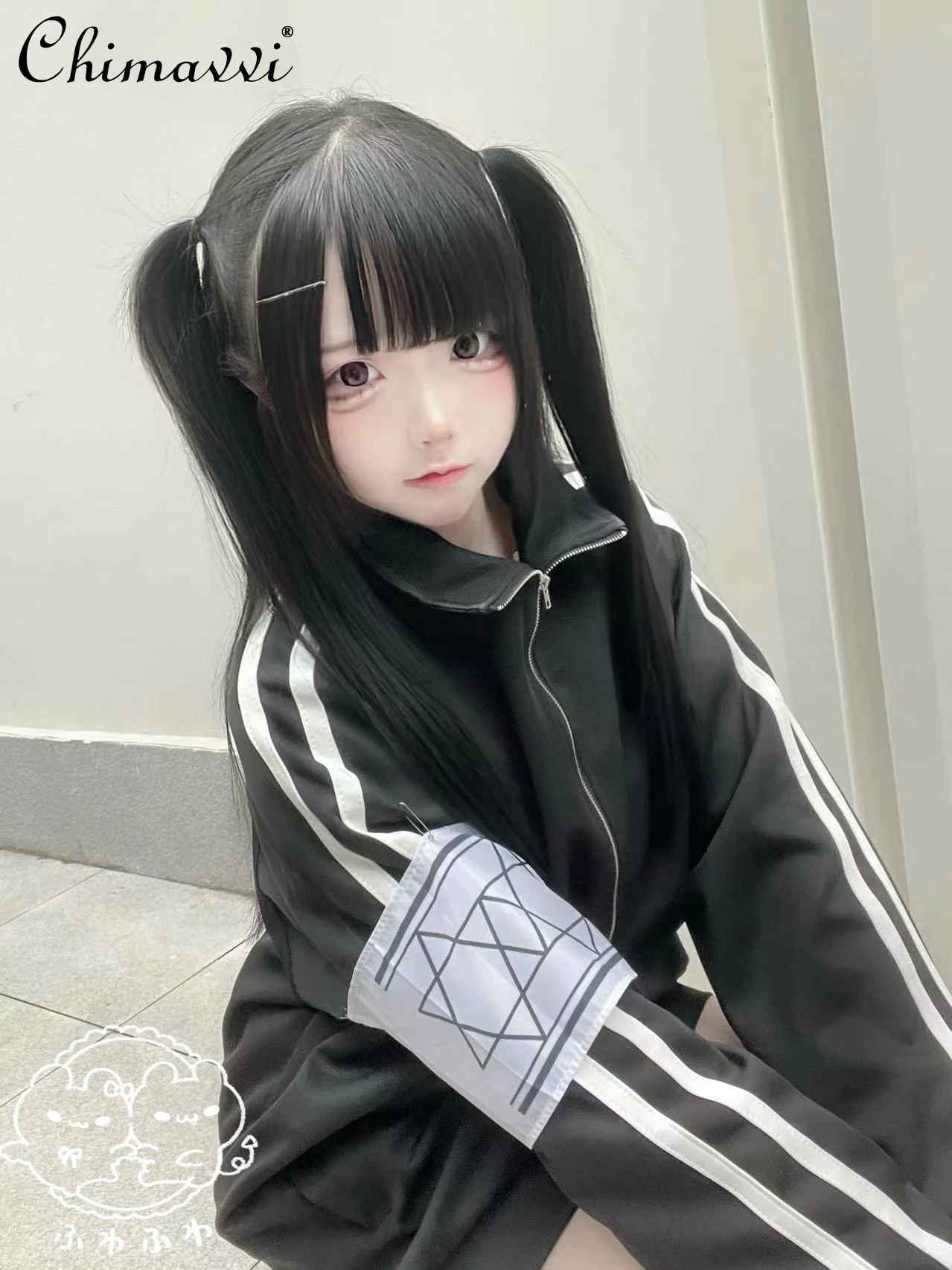 

Japanese Fashion Student Black and White Set Spring Autumn New Long Sleeve Loose Zipper Jacket Top Long Pants Cute Girl Set