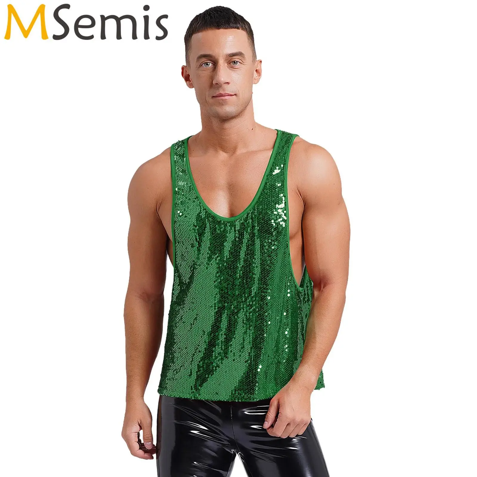 Mens Glitter Sequin Bodybuilding Vest Tank Top Low Crew Neck Smooth Lining Waistcoat Shiny Top Disco Club Dancing Party Costumes