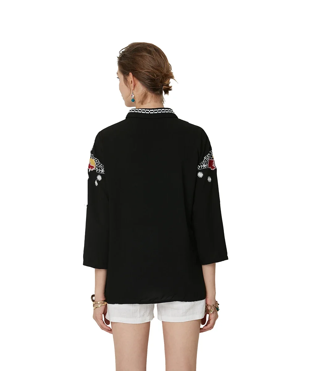 Eaeovni Mexican Embroidered Peasant Blouse Plus Size Black 3/4 Sleeve Loose Cotton Top  Short Sleeve Boho Blouse Woman Tshirts