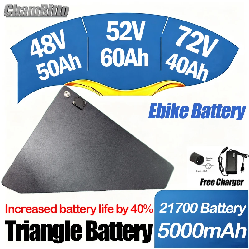 

72 volt 3000W ebike cham rider Triangle Battery 48V 52V Electric bike 30ah 45ah 50ah Akumulator 60V 60ah 2000W 80A BMS Battery