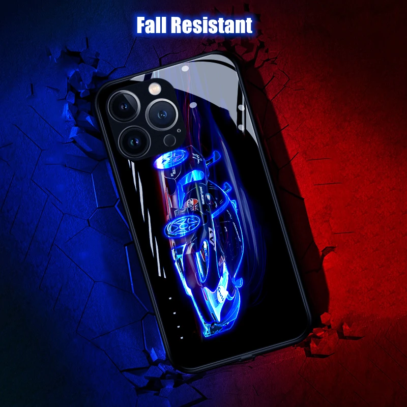 

Sport Car 7 Color LED Glowing Phone Case for OnePlus 6 7 8 9 10 ACE Nord N10 20 200 Pro Tempered Glass Surface Protector Cover