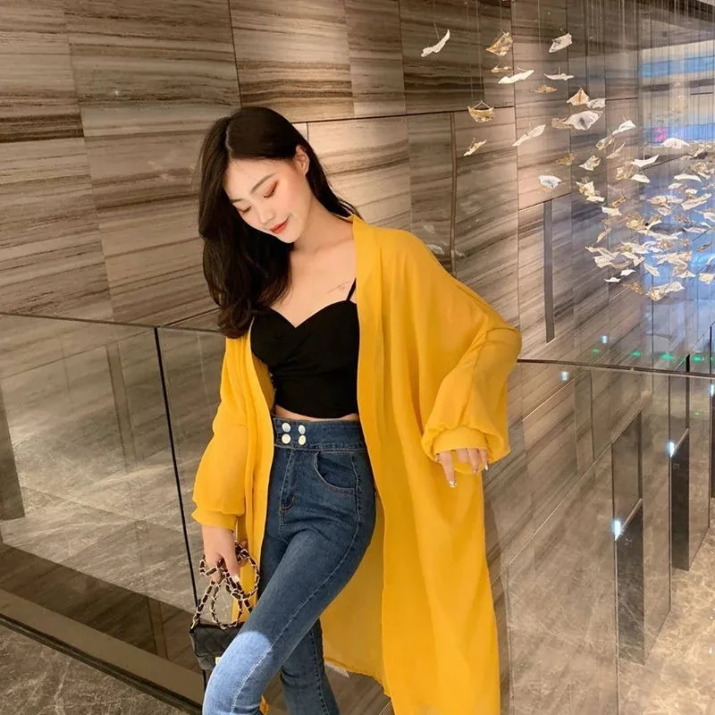 Fashion Women Super Fairy Thin Cardigan Chiffon Sunscreen Coat Korean Female Over The Knee Long Loose Fitting Sunscreen Jacket