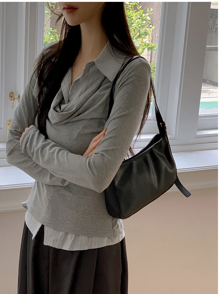 

Корейский Sle Long Sve Striped irt, женский ранний осенний маленький дизайн, облегающий лоскутный топ, модный повседневный топ