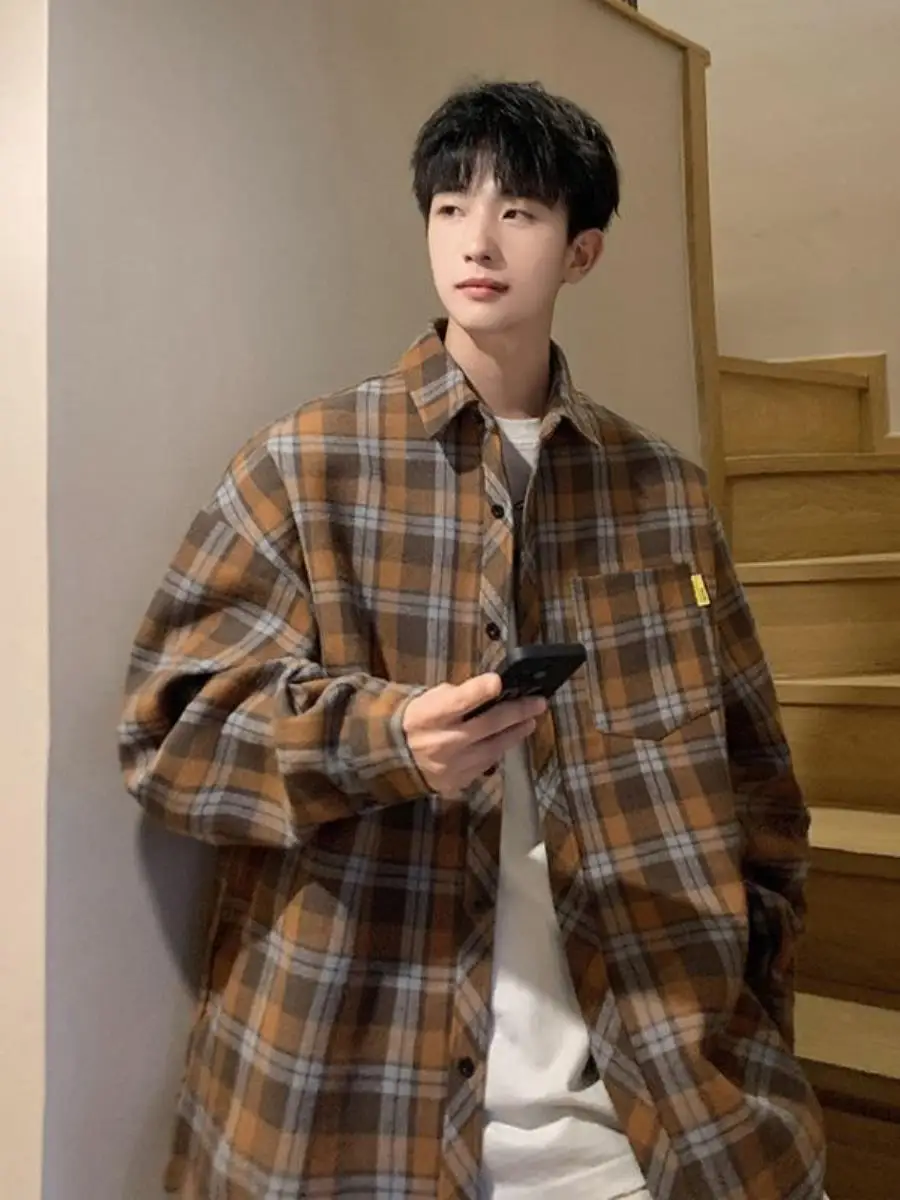 

Retro Japanese Plaid Long Sve irt Loose Casual Men's Autumn Trendy Brand Ciwalk Spring ex Ne Inner Wear