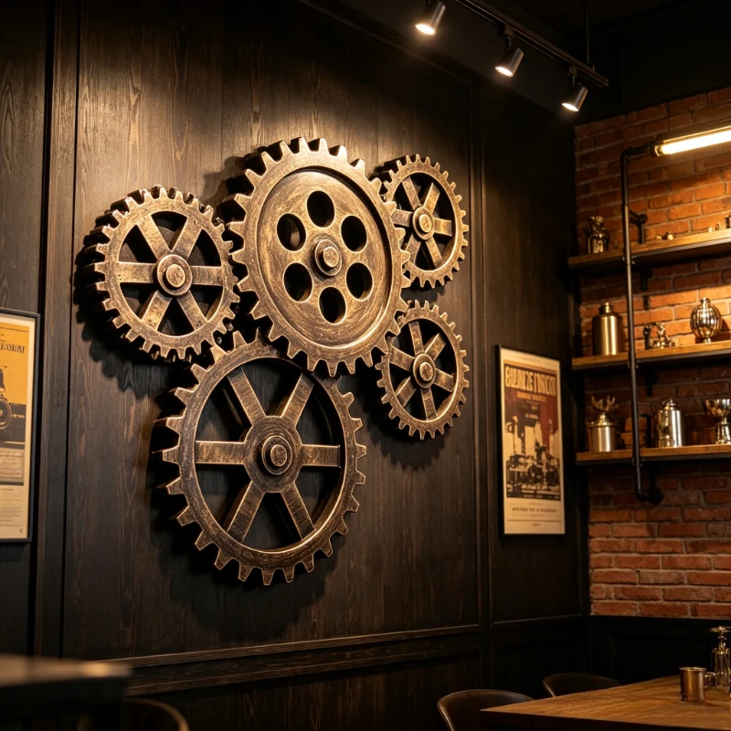 Rustic Industrial Wood Gear Wall Decor, Vintage Bar Craft Ornament for Coffee Shop, Steampunk Cafe Background Art Piece