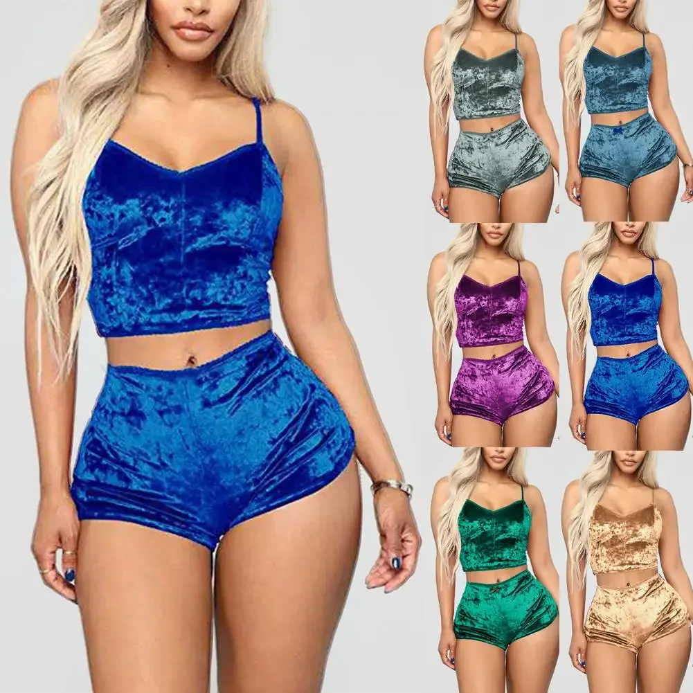 Velvet Women Pajama Set Spaghetti Strap Solid Backless Sleepwear Set Summer Casual Ladies Bodycon Crop Top Set for Sleeping