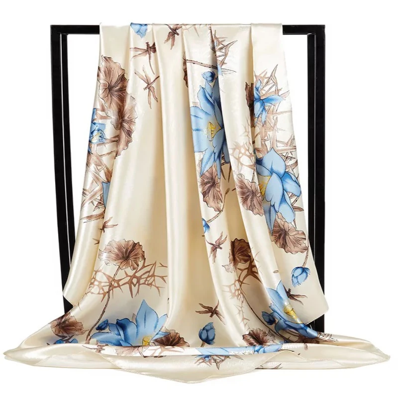 Fashion Flower Sunscreen Bandannas Popular Print Square Shawls Europe And America New Kerchief Four Seasons 90X90CM Silk Scarves