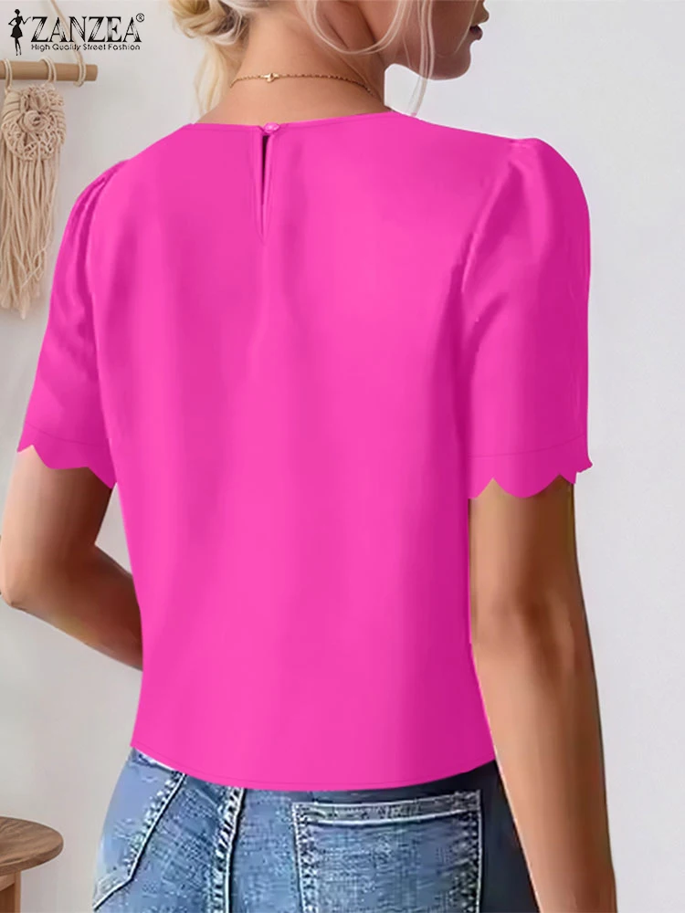 ZANZEA Stijlvolle Damesmode Tops Tuniek Elegante Golvende Zoom Kantoor Dame Blouse 2025, Zomer Korte Bladerdeeg Mouw Effen Shirts Blusas