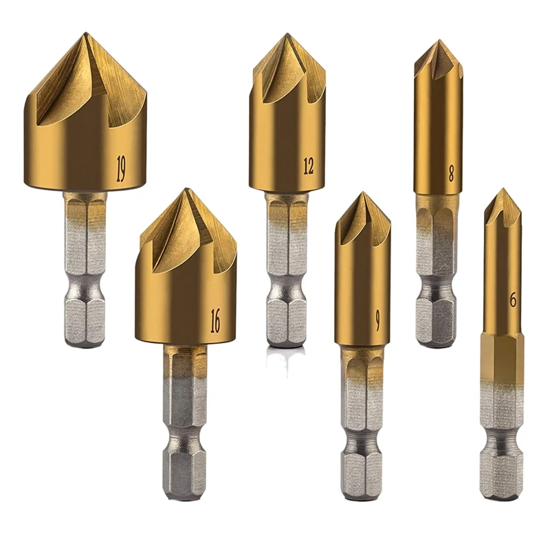 6 Pcs 1/4inch Hex Shank Countersink Drill Bits Center Punch Set HSS 5 Flute Countersink 90 Degree Center Punch Tool Sets-A44I
