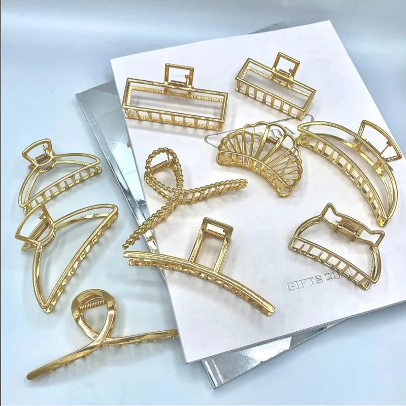 Fashion Women Hollow Geometric Hair Clips Metal Hair Claw Cross Hairpin Headband Non Slip Hair Crab Gold Color Hair Accessories