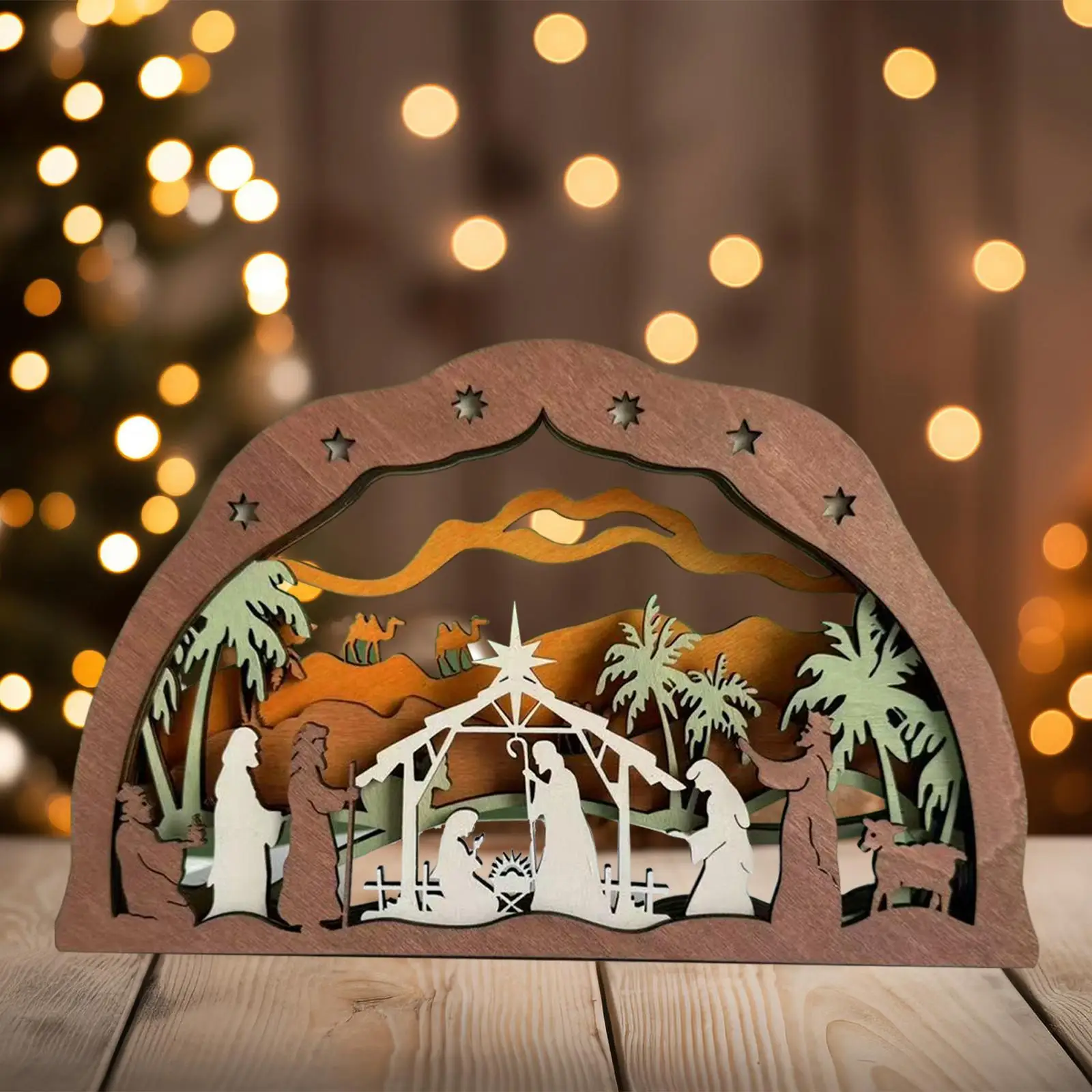 Rustic Nativity Scene Statue Wood Christmas Decoration Indoor Christian Ornament for Living Room