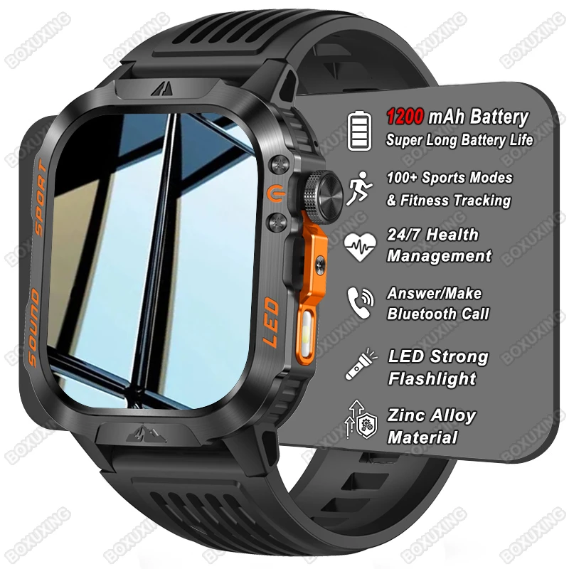 New 1200 mAh Battery Military Smartwatch Men Fitness Tracker 5ATM Waterproof Flashlight Heart Rate Smart Watch For iOS Android