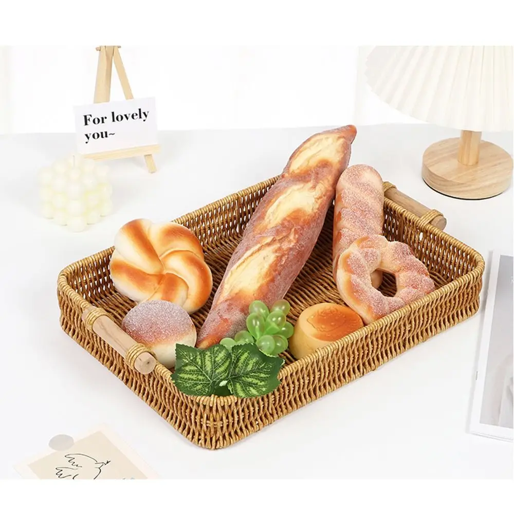 1Pcs Breakfast Bread Food Handwoven Rattan Basket Round Shape Fruit Vegetable Cake Wicker Storage Tray Food Plate With Handle