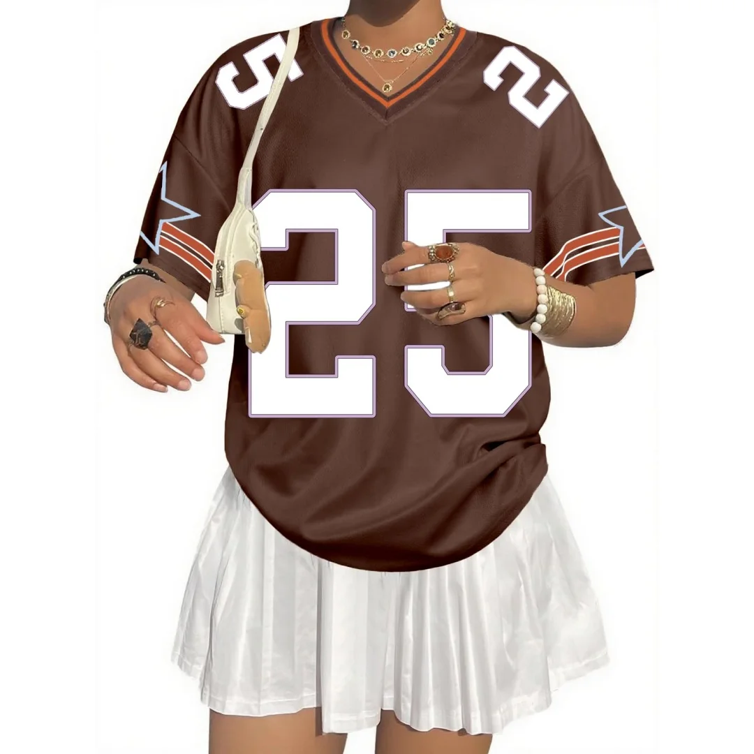 قمصان جيرسي كبيرة الحجم للنساء فضفاضة برقم جرافيك تي شيرت برقبة على شكل V Y2k ملابس الشارع الشهير قمة الموضة متجر الملابس النسائية #3