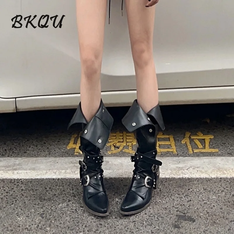 

BKQU Black Punk Style Women's Knee-high Boots Rivets 2024 New Autumn Pointy Handsome Retro Western Heel Knight Boots