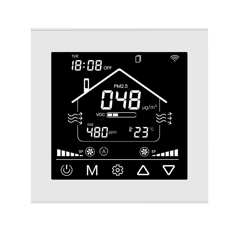 مورد تصنيع وحدة التحكم في الهواء النقي مع وحدة تحكم ذكية لنظام التهوية Temp Humid CO2 PM2.5 VOC WIFI RS485
