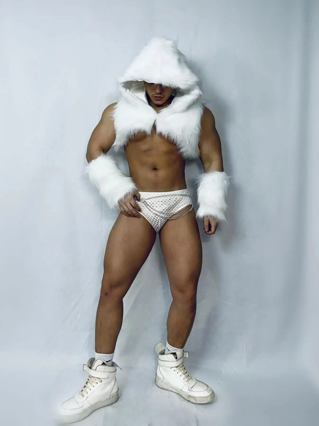 나이트클럽 파티 남성 여성 고고 코스튬 화이트 메쉬 인조 모피 상의, 반바지 복장, 섹시한 무대 착용, DJ 폴 댄스 팀 공연