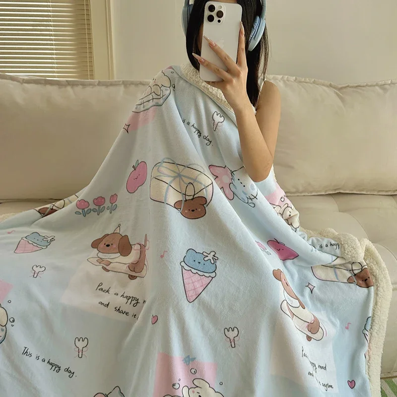 Double-Layer Cartoon Puppy Fleece Blanket Thick Warm Faux Lambs Wool Throw Blankets for Sofa Bed Spring Autumn Soft Plush Plaid