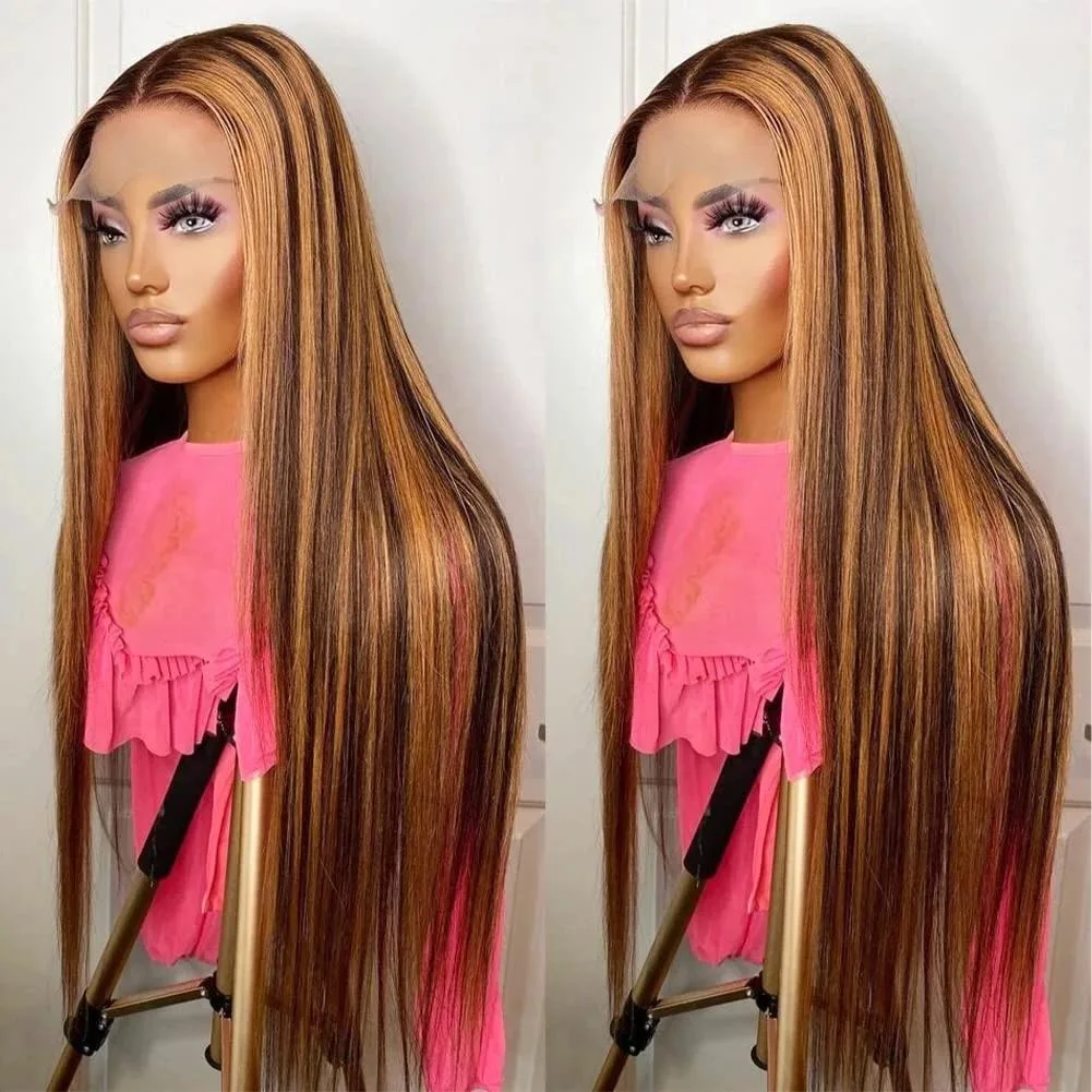 

13x6 Highlight Straight Lace Front Human Hair Wig 30 40 Inch 13x4 Lace Frontal Wigs Honey Blonde 4/27 Colored Wigs 200 Density