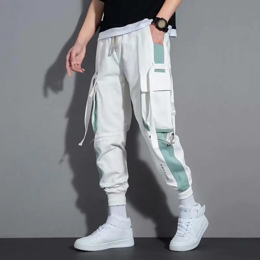 Men Loose Trousers Stylish Men's Cargo Pants with Strap Decor Multi Pockets Elastic Waist Hip Hop Streetwear Trousers for Work