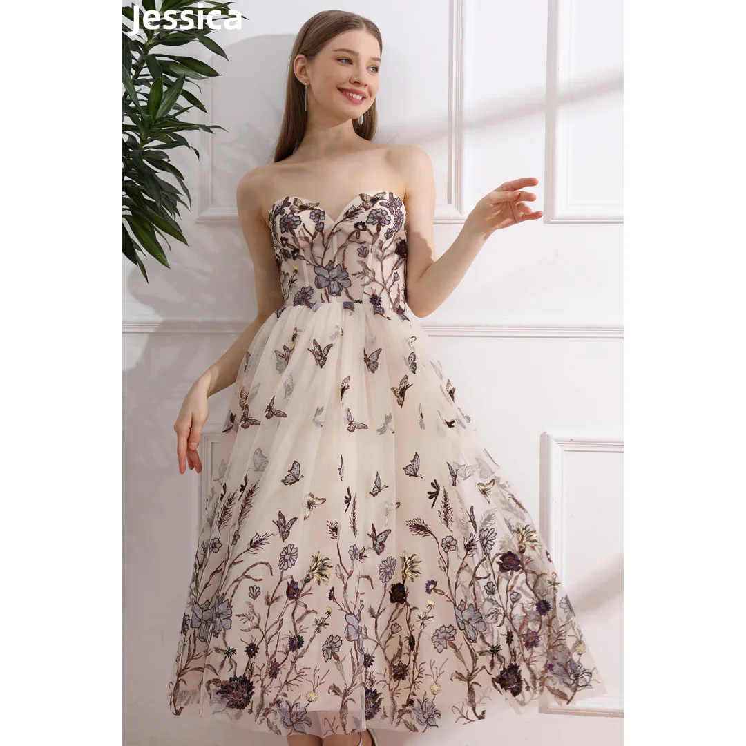 Jette-champanhe cor vestido de baile, elegante vestido de noite, bordado, design floral 3d, para casamento