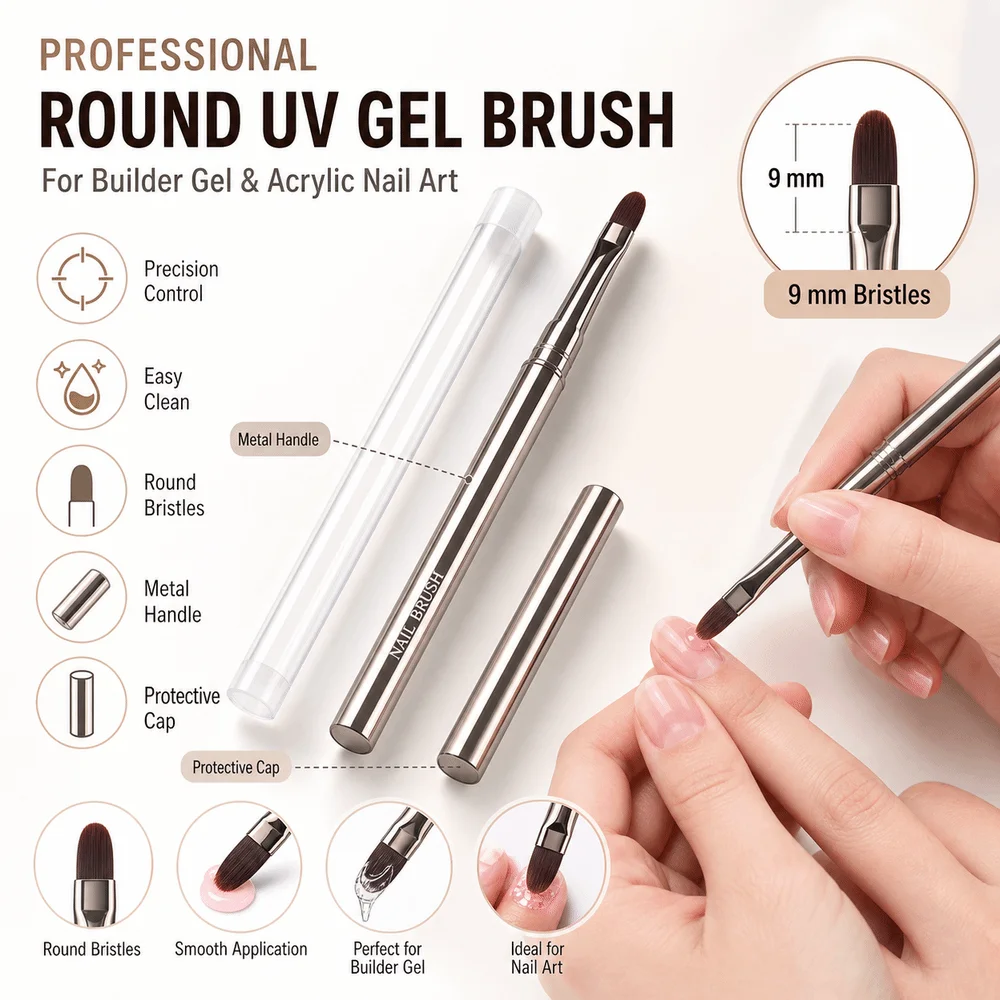 Professional Round Shape UV Gel Brush Painting Drawing Nail Brush Metal Handle Acrylic Brush For Acrylics