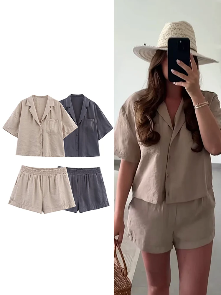

TFMLN Women Summer Shorts Outfits Loose Fit Casual Shirt Collar Short Sleeve Pocket Tops Wide Leg Shorts 2 Pcs Solid Set Female