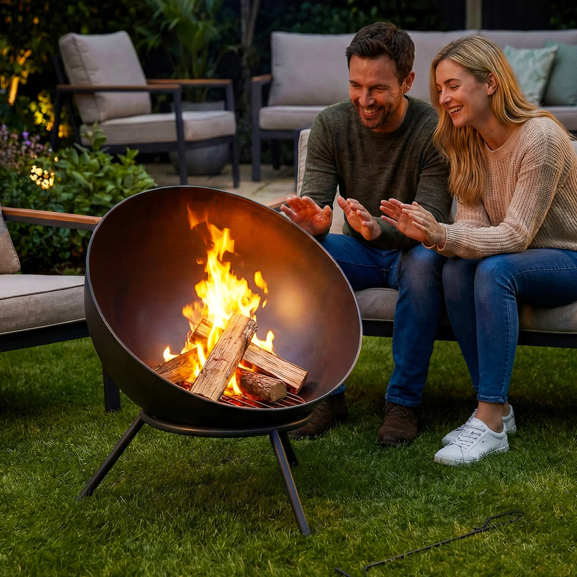 Outdoor Fire Pit 61cm Large Metal Fire Bowl with Tripod Stand, Fire Poker & Carbon Grill Grate, Weather‑Resistant Wood Burning Fireplace for Garden Backyard Patio Camping, Easy Assembly & Ash Cleaning