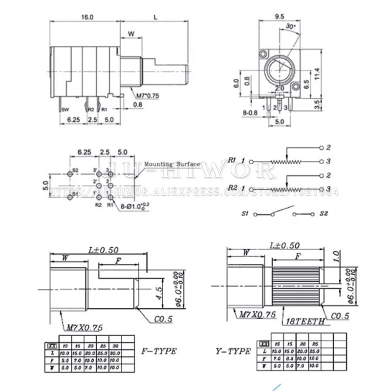 5Sets Rv097gs 8pin Dubbele Gekoppelde Potentiometer Met Schakelaar Audio B 10K 50K 100K Rv097 As 15Mm Eindversterker Afdichting & Knop