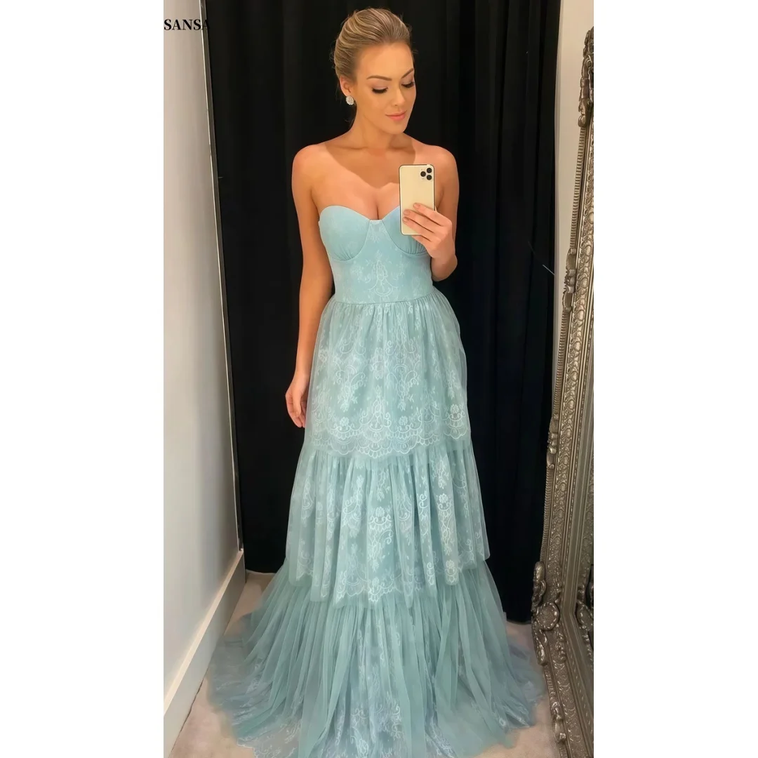 

Sansa Customized Green Multi-Layered Prom Dresses Lace فساتين للمناسبات الخاصة Floor-Length vestidos de fes