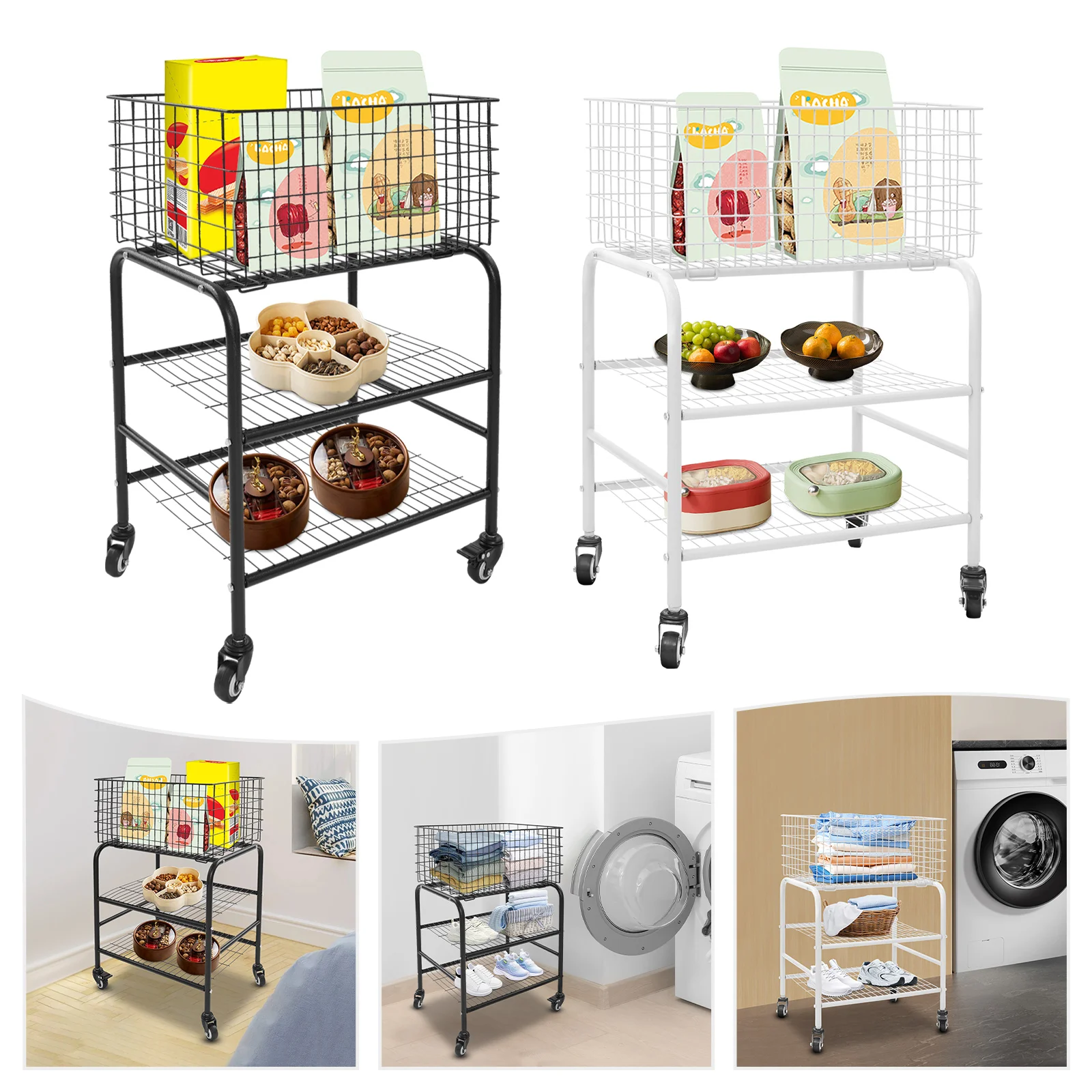 

Rolling Laundry Basket on Wheels,3 Tiers- Garment Storage Cart,Garment Metal Rack for Clothes Wash and Dry Sort