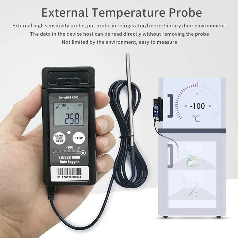 A63X-Tempu06 -100°C Low Temperature Data Logger Digital 32000 Points Bluetooth USB Temperature Recorder Forcold Chain Storage