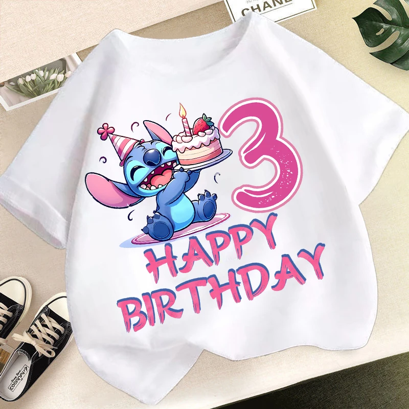 

Disney Stitch Short Sleeves Girls T-Shirt Children Birthday Party Clothes Summer Clothing Round Neck Tops Cartoon Baby T-Shirt