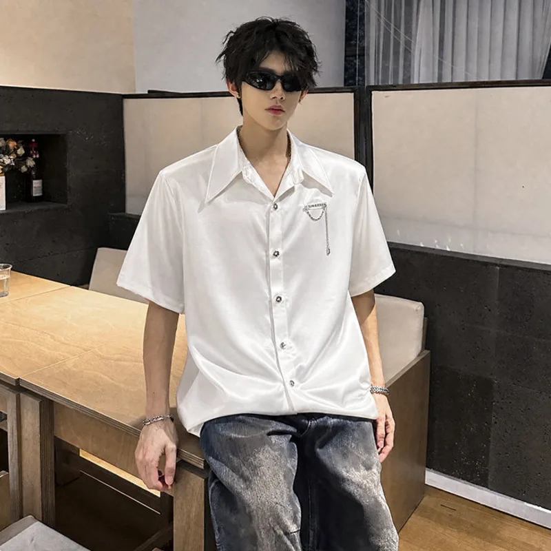 LUZHEN 2026 Summer Korean Style Metal Chain Decorate Stylish Short Sleeve Shirts Men's Loose Shoulder Pad Casual Clothes JY7655