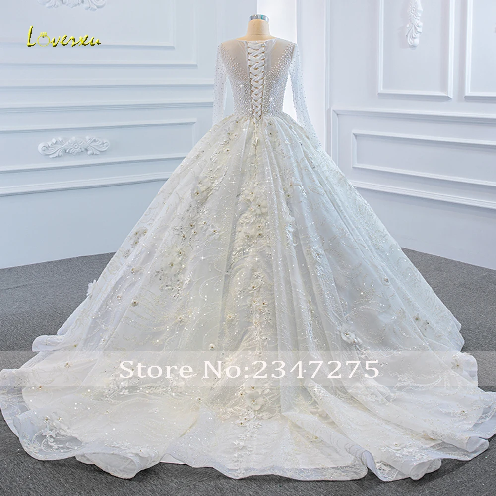 Loverxu Ball Gown Luxury Wedding Dresses O-Neck Long Sleeve Vestido De Novia Lace Beaded 3D Flowers Custom Made Bridal Gown