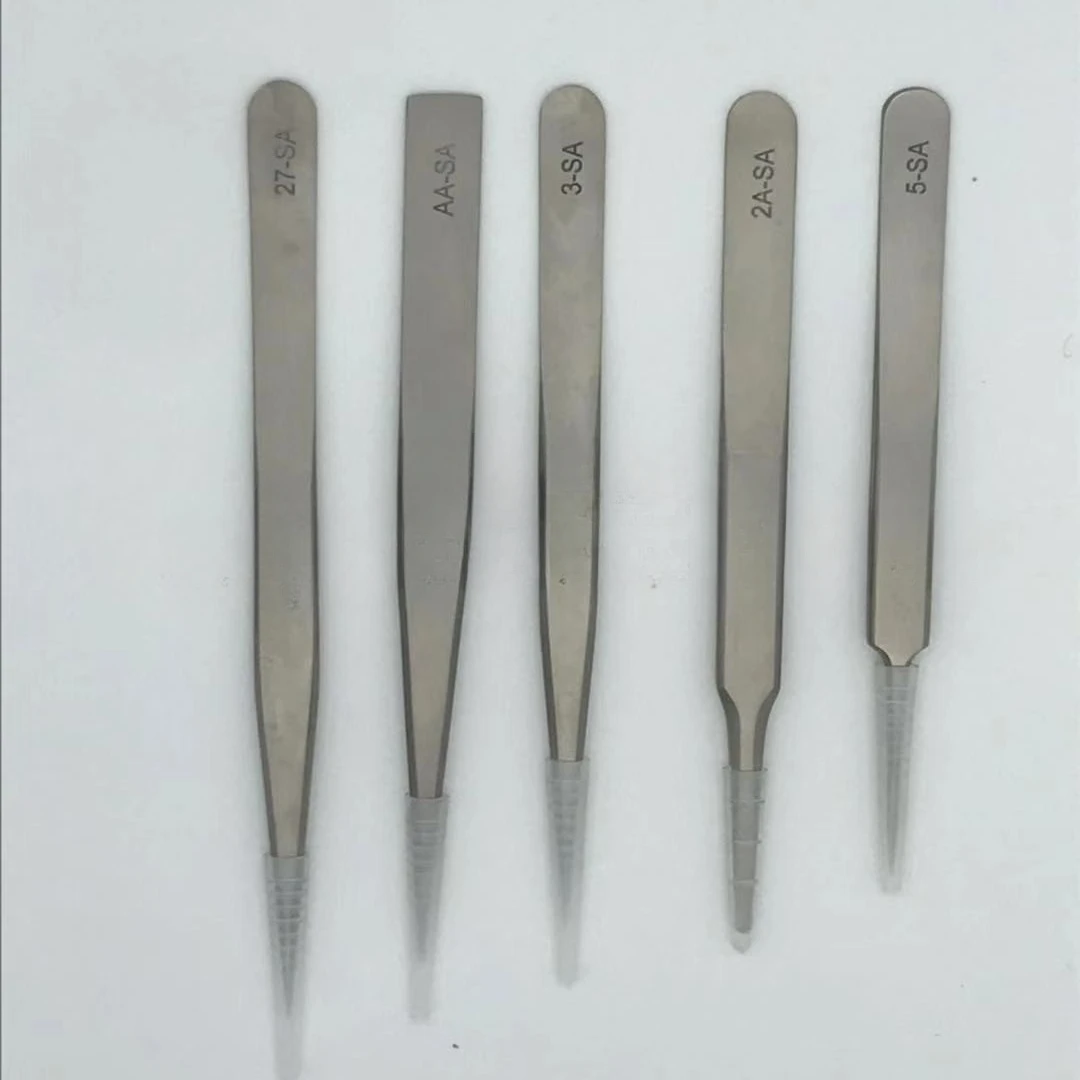 حقيقية ملقط من الفولاذ المقاوم للصدأ مكافحة المغناطيسي الصلب وعالية المرونة الدقة الملقط وأشار الشعر الربيع منحني فوهة مجموعة 5 قطعة