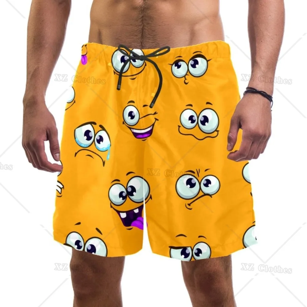 Funny Cartoon Face Expression Beach Shorts Summer Swim Trunks Sports Running Bathing Suits with Mesh Lining and Pocket