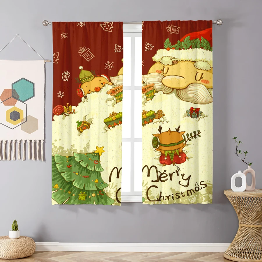 2PCS Digital Print Curtains, Cartoon Santa Claus Reindeer Gifts Merry Christmas Red Background, Cute Children Illustration Style
