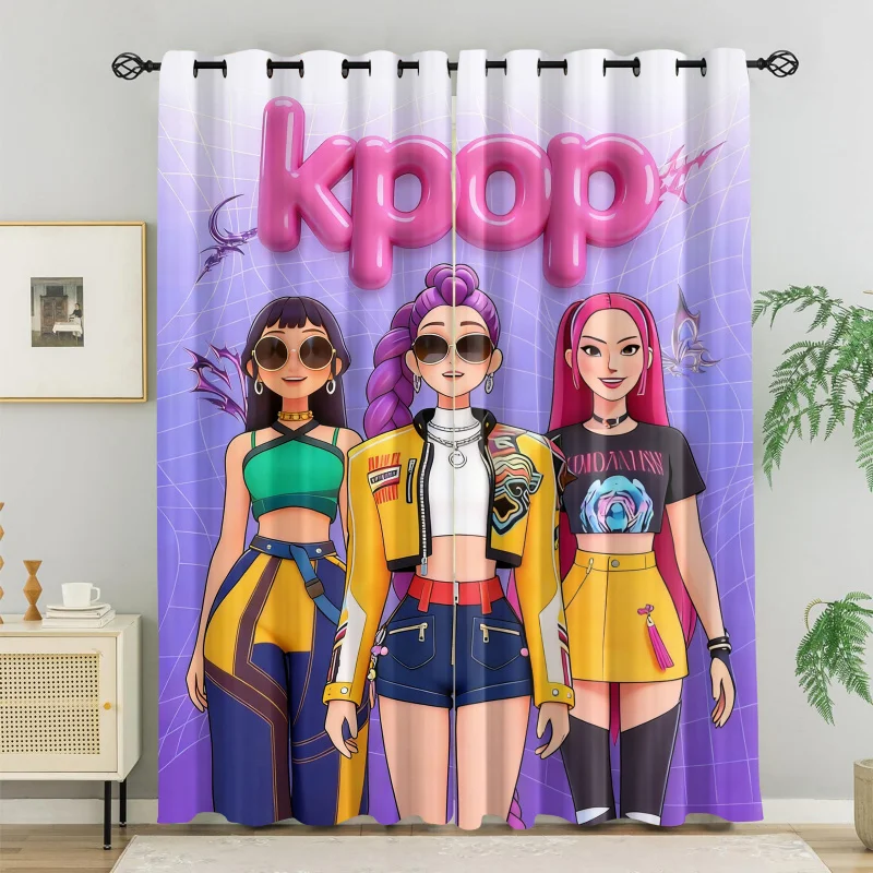 2pcs Kpop Girls Curtains Cute Anime Idol Group Blackout Curtains Purple Web Gradient Print Window Drapes for Teens Bedroom Decor