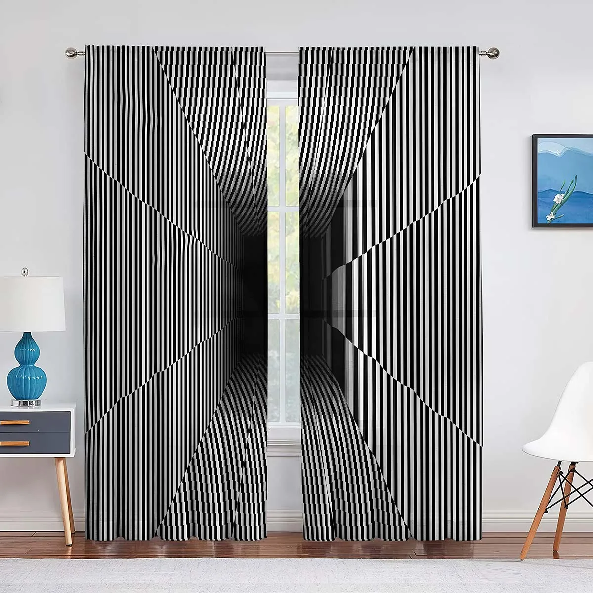 

Abstract Stripes Optical Illusion Black White Sheer Voile Curtain for Living Room Bedroom Modern Tulle Curtains Window Drapes